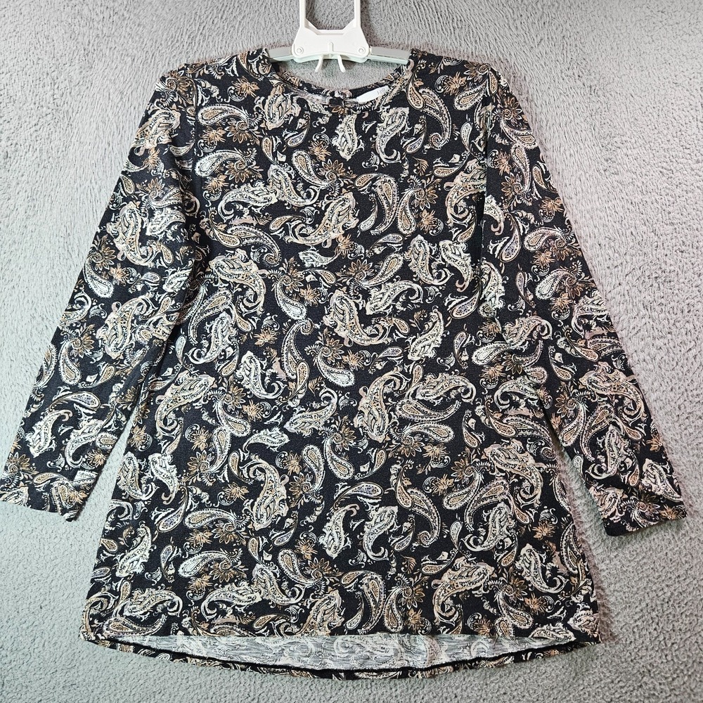J Jill Tunic Top Women Large Paisley Print Long Sleeve Black